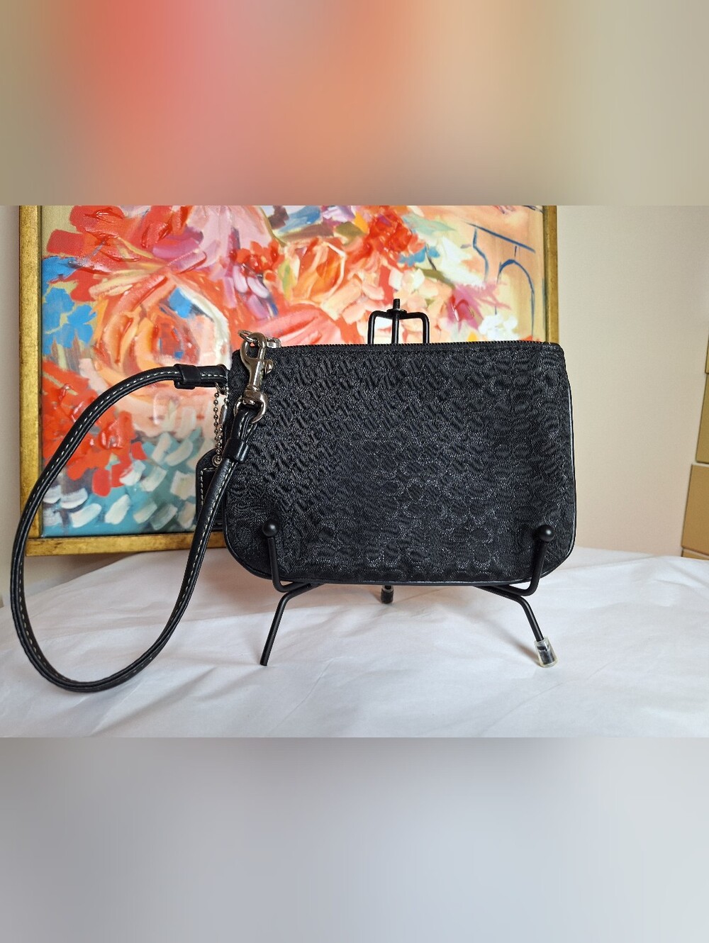 Coach Mini Signature Jacquard Wristlet in Black / Silver Hardware